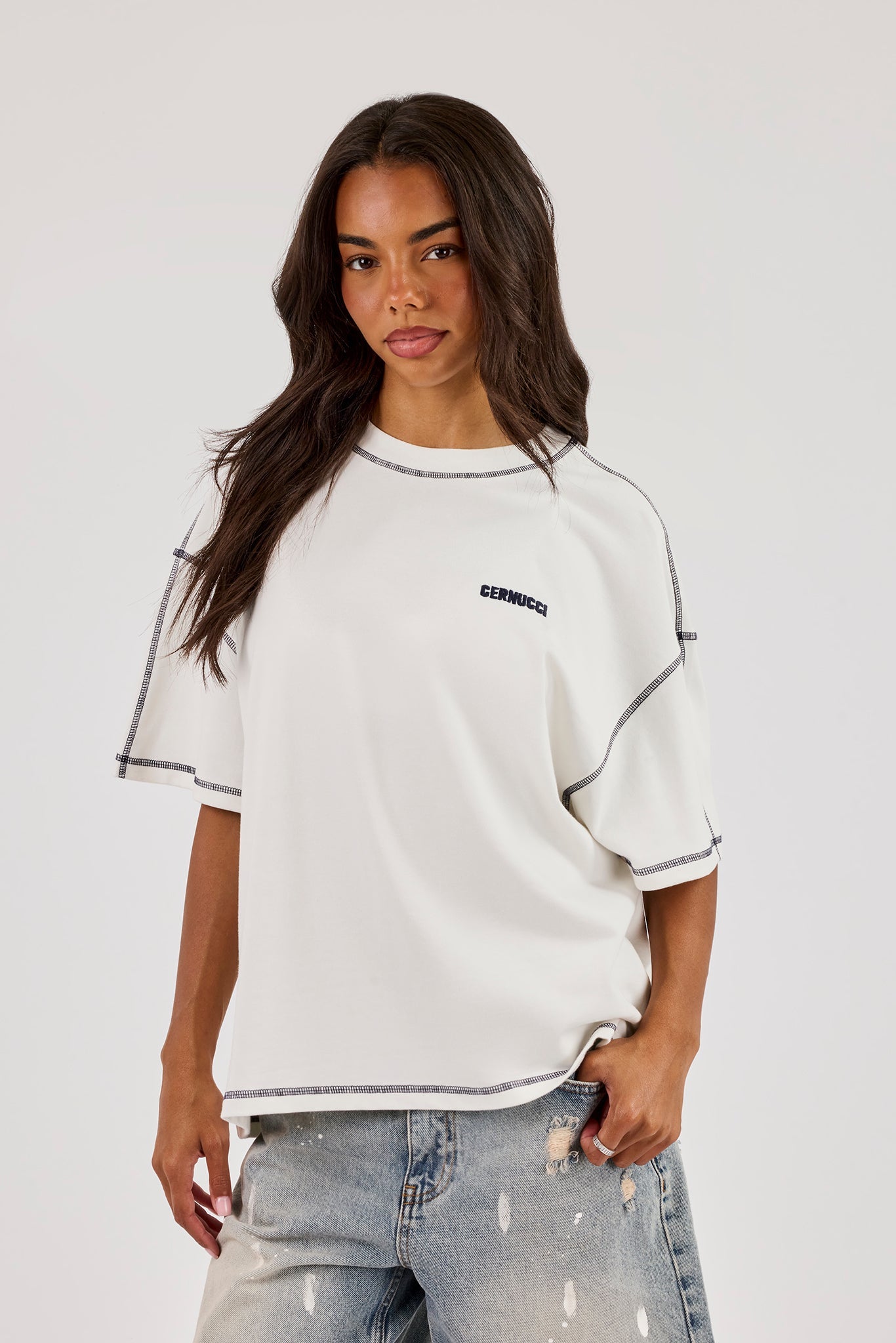 Oversized Contrast Stitch Diamond Diner T-Shirt - Off White